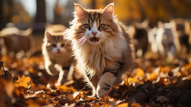 een groep schattige katten die in de herfst naar de bladeren rennen, een zonnige dag in het park