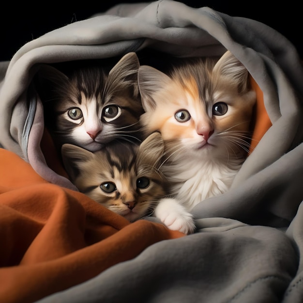 Foto een groep schattige kittens die samen knuffelen in een gezellig dekentje fort