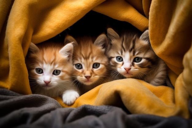 Een groep schattige kittens geknuffeld samen in een gezellige deken Generatieve AI