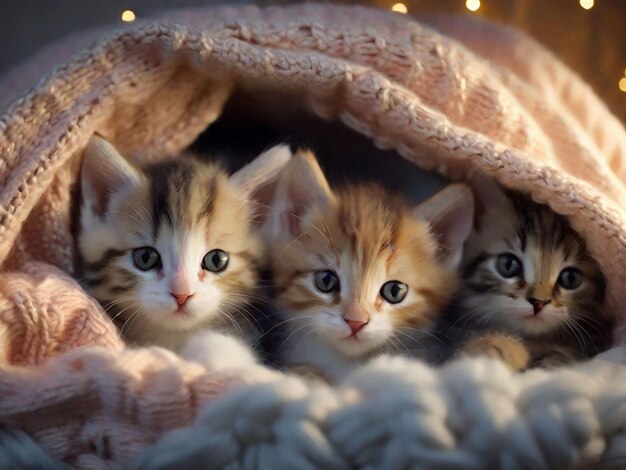 Foto een groep schattige kittens knuffeld samen in een gezellig deken fort