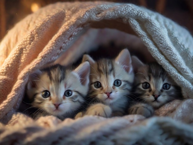 Foto een groep schattige kittens knuffeld samen in een gezellig deken fort