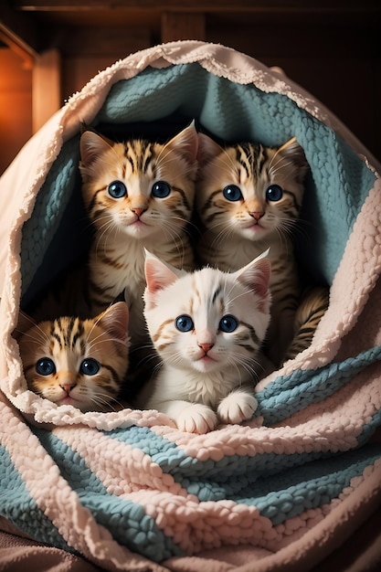 Een groep schattige kittens knuffelde samen in een gezellig dekenfort Twee kittens zitten in een Blu