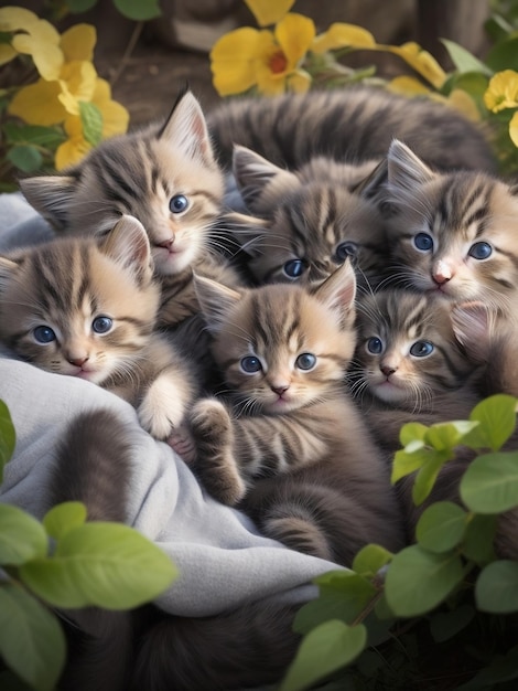 Foto een groep schattige kittens knuffelde samen in een gezellig dekenfort