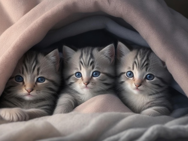 Een groep schattige kittens knuffelde samen in een gezellig dekenfort