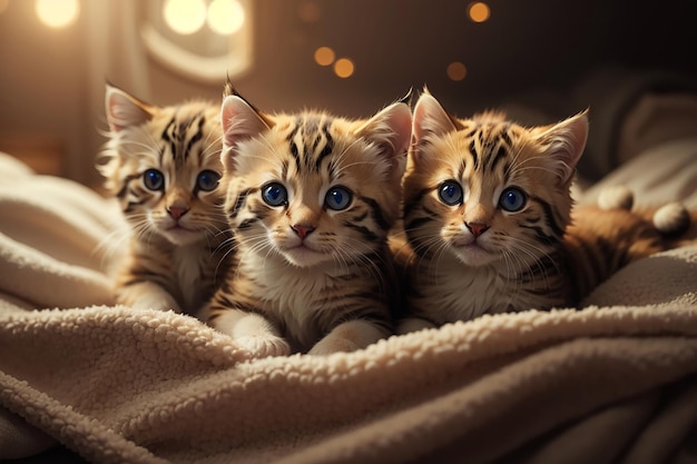 Een groep schattige kittens knuffelde samen in een gezellig dekenfort