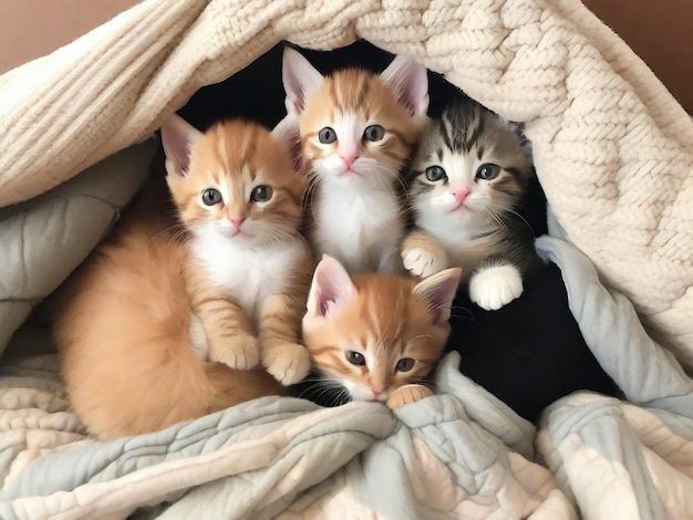 Een groep schattige kittens knuffelde samen in een gezellig dekenfort