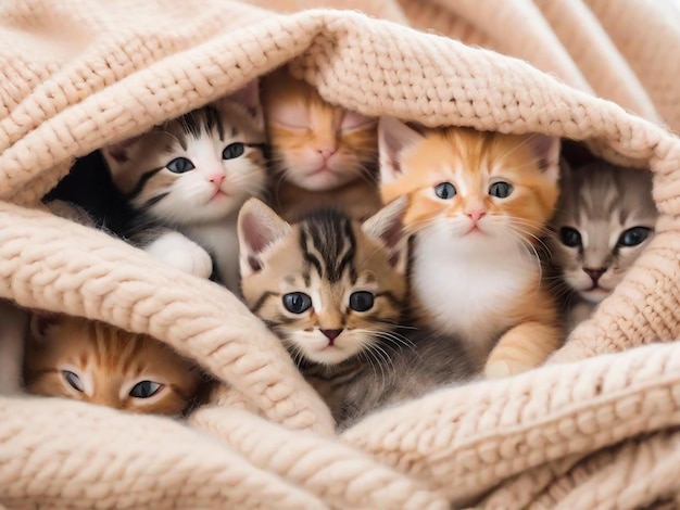 Een groep schattige kittens knuffelde samen in een gezellig dekenfort