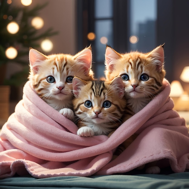 Een groep schattige kittens knuffelde samen in een gezellige deken fort art