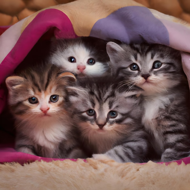 Een groep schattige kittens knuffelde samen in een knus deken ai gegenereerd beeld