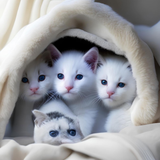 Een groep schattige kittens knuffelde samen in een knusse ruimte