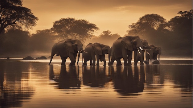 Een groep schattige olifanten in een prachtig meer in de jungle