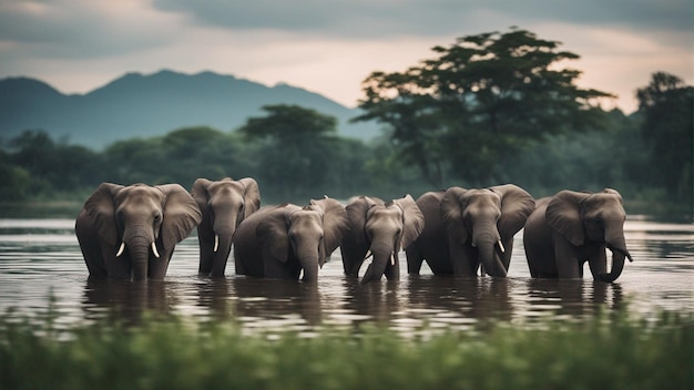 Een groep schattige olifanten in een prachtig meer in de jungle