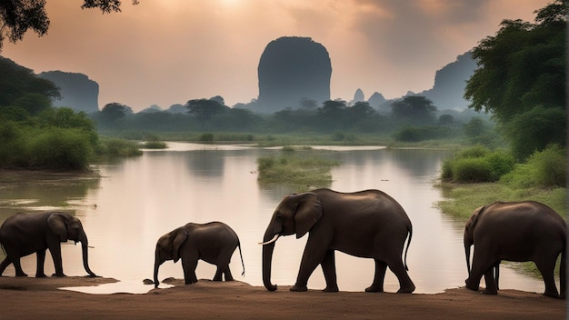 Een groep schattige olifanten in een prachtig meer in de jungle