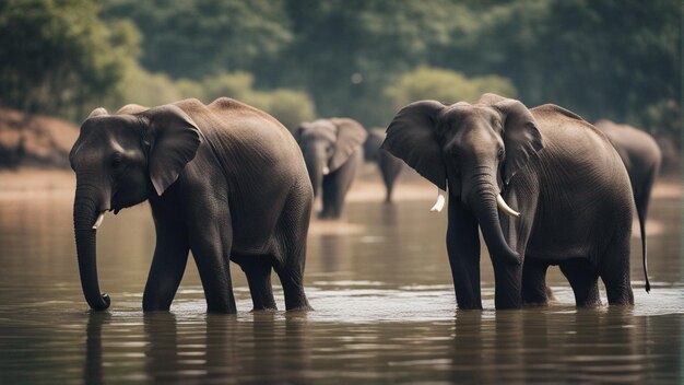 Een groep schattige olifanten in een prachtig meer in de jungle