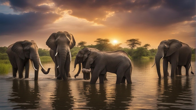 Een groep schattige olifanten in een prachtig meer in de jungle