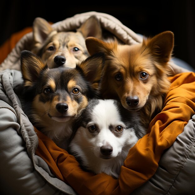 Een groep schattige puppy's nestelde zich onder een knusse deken