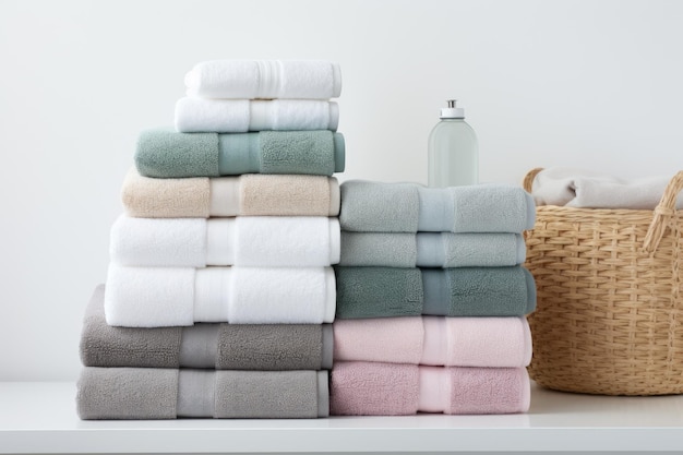 Een groep schone handdoeken die afzonderlijk tegen een effen witte achtergrond zijn geplaatst