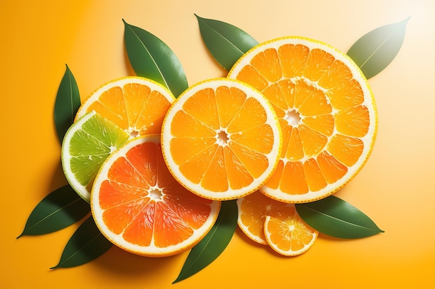 Een groep sinaasappelen en limoenen is gerangschikt op een gele achtergrond.