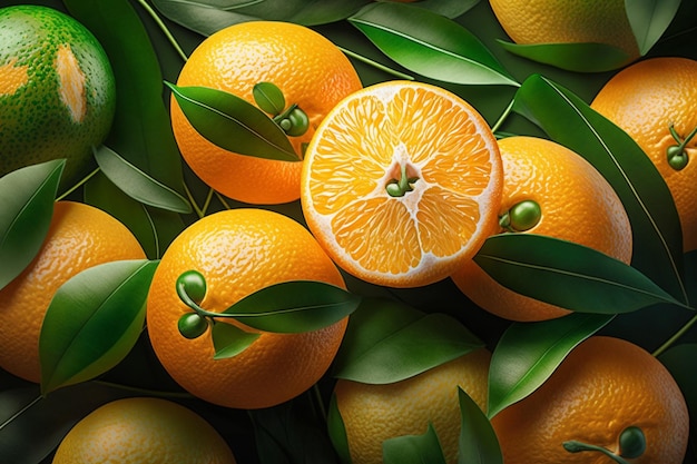 Een groep sinaasappelen met groene bladeren en de helft van de sinaasappel is omgeven door groene bladeren.