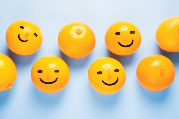 Foto een groep sinaasappelen met smileygezichten op een blauwe achtergrond