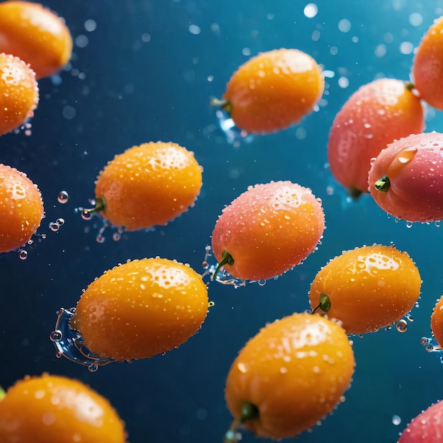 Foto een groep sinaasappels drijvend in een zwembad met bubbels en waterdruppels op hen met een blauwe