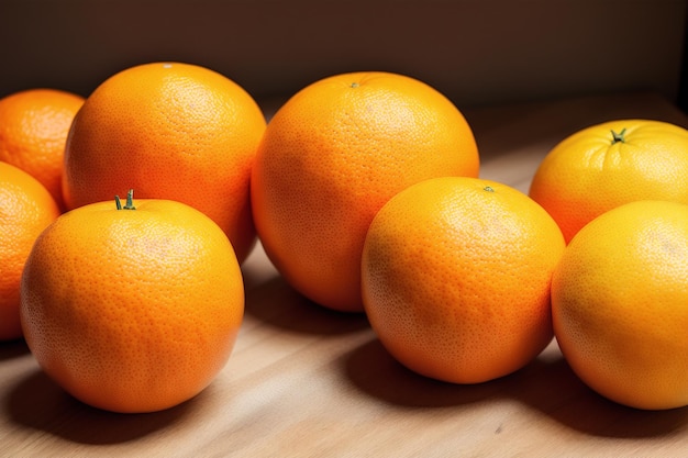 Een groep sinaasappels op een tafel waar het licht op schijnt.