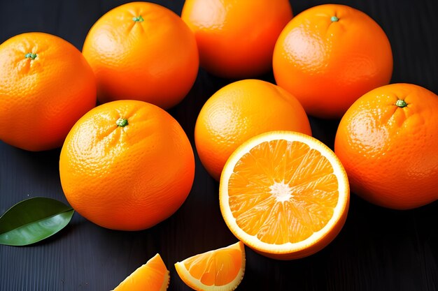 een groep sinaasappels zit op de top van een tafel sinaasappelen een sinaasappel oranje verdediging plakjes sinaasappel