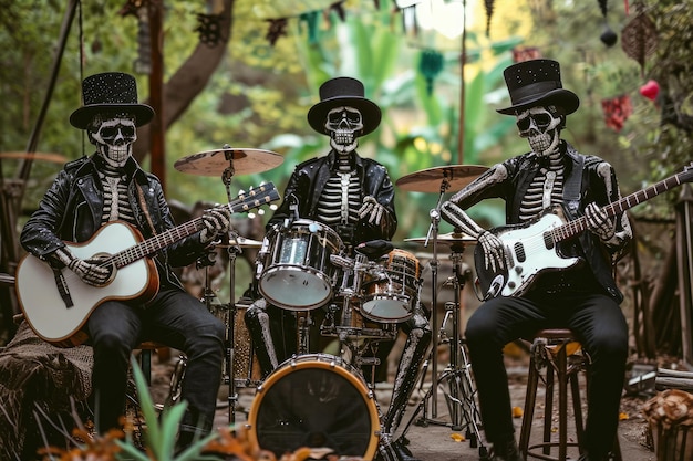 Een groep skeletfiguren die zich bezighouden met een levendige voorstelling met gitaren en drums Een griezelige skeletband die angstaanjagende feestelijke melodieën speelt