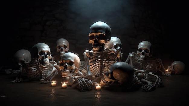 Een groep skeletten zit in een donkere kamer met kaarsen en de woorden 'halloween' op de bodem.