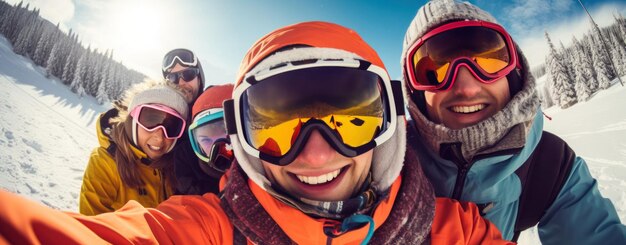 Een groep skiërs met ski-bril en handschoenen