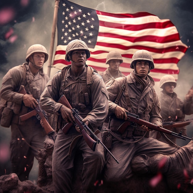 een groep soldaten die een vlag vasthouden met de woorden "the american" erop.