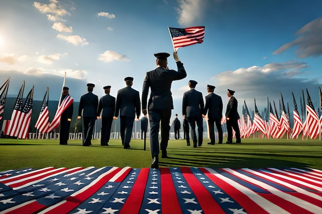 Een groep soldaten in militaire uniformen staat voor Amerikaanse vlaggen.