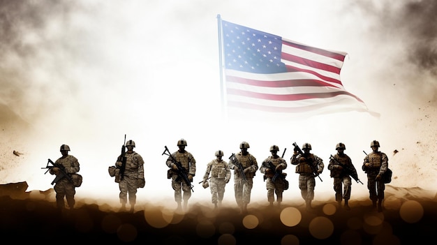 een groep soldaten met de amerikaanse vlag op de achtergrond.