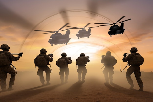Een groep soldaten met een helikopter die in de lucht vliegt.