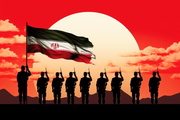 Een groep soldaten staat achteruit voor een Iraanse vlag Eenheid Respect Patriottisme Eer Moed Opoffering