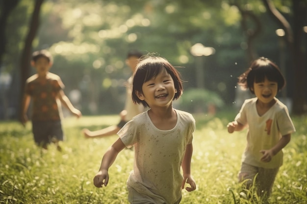 Een groep spelende kinderen in een veld