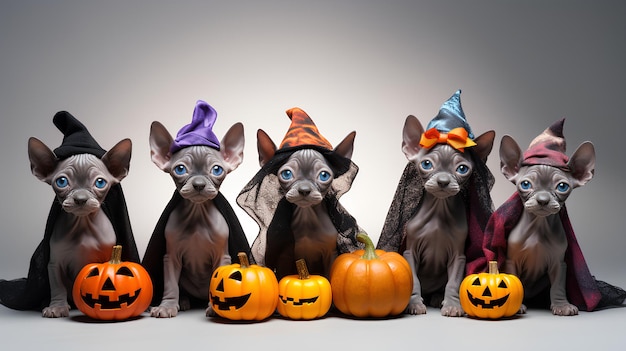 Een groep sphynxkatten zit naar de camera te kijken op een effen achtergrond met Halloween-hoeden en pompoenen Halloween-concept