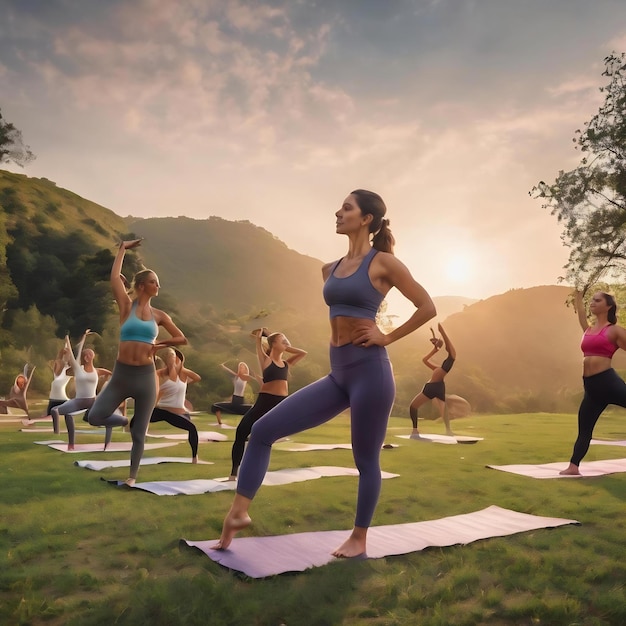 Een groep sportieve mensen en een yoga-leraar die buiten yoga doen