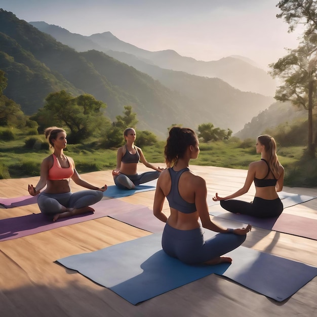 Een groep sportieve mensen en een yoga-leraar die buiten yoga doen