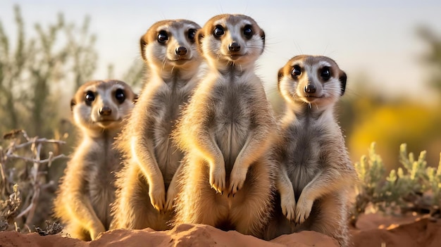 Een groep stokstaartjes staat op een rots