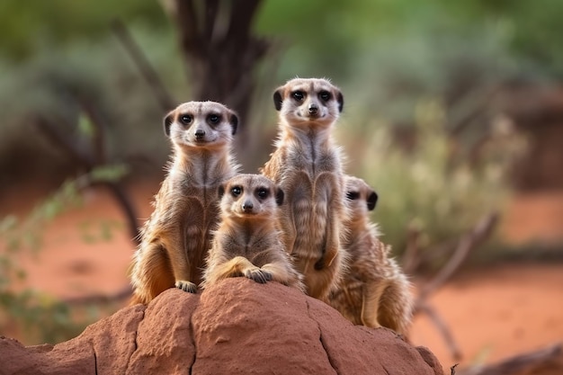 Een groep stokstaartjes zit op een rots in het binnenland.