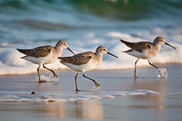 Een groep strandlopers die langs een strandkust rennen