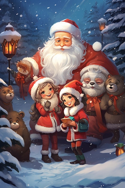 een groep stripfiguren met een kerstman
