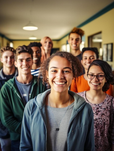 Foto een groep studenten die glimlachen en poseren voor een foto.