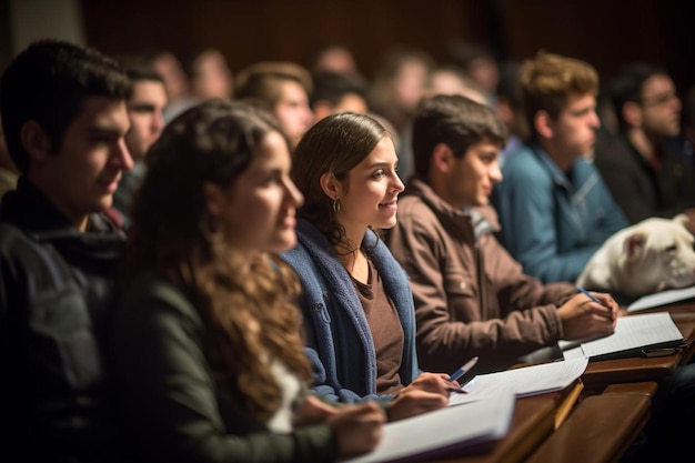 Een groep studenten in een lezingzaal met een lezingezaal op de achtergrond.