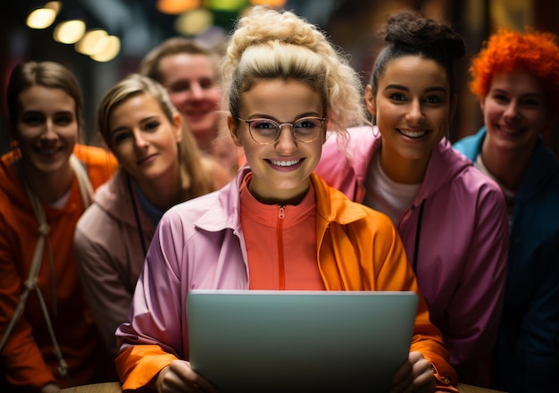 Een groep studenten met een laptop Een groep mensen die rond een vrouw staan met een laptop