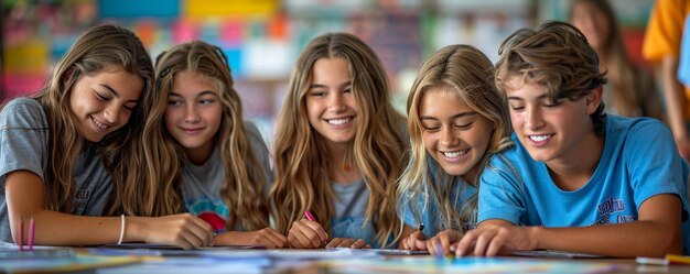 Een groep studenten werkt samen aan behang