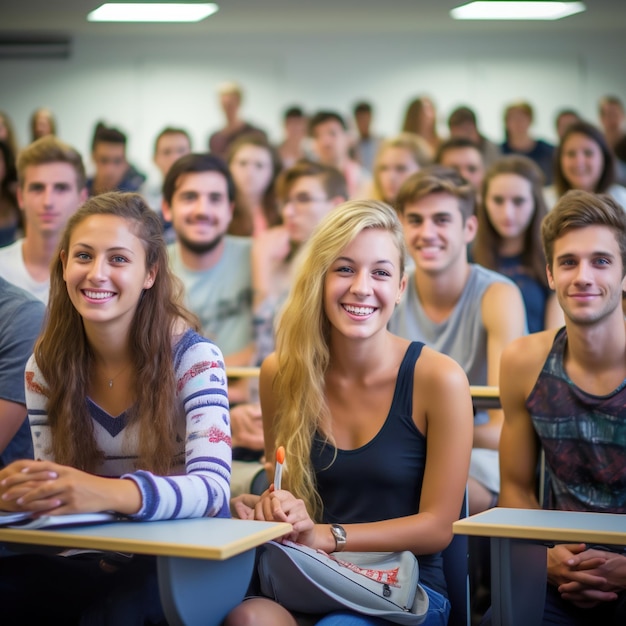 Een groep studenten zit met een glimlach in de klas