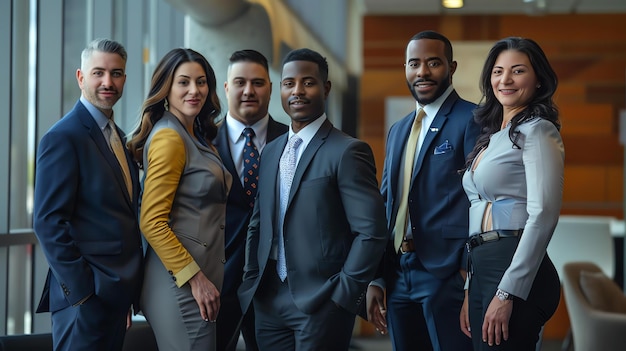 Een groep succesvolle zakelijke professionals die samen poseren in een modern kantoor ze glimlachen allemaal en kijken naar de camera
