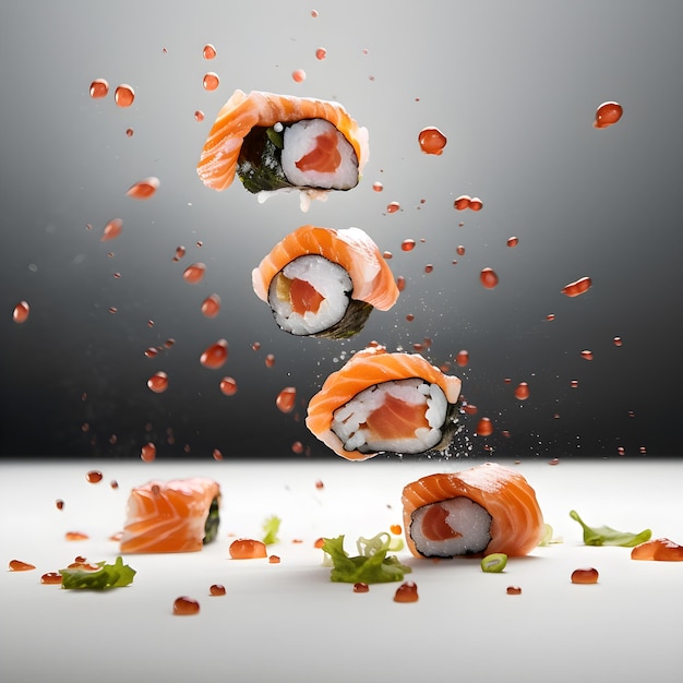 Een groep sushi wordt in de lucht gegooid.